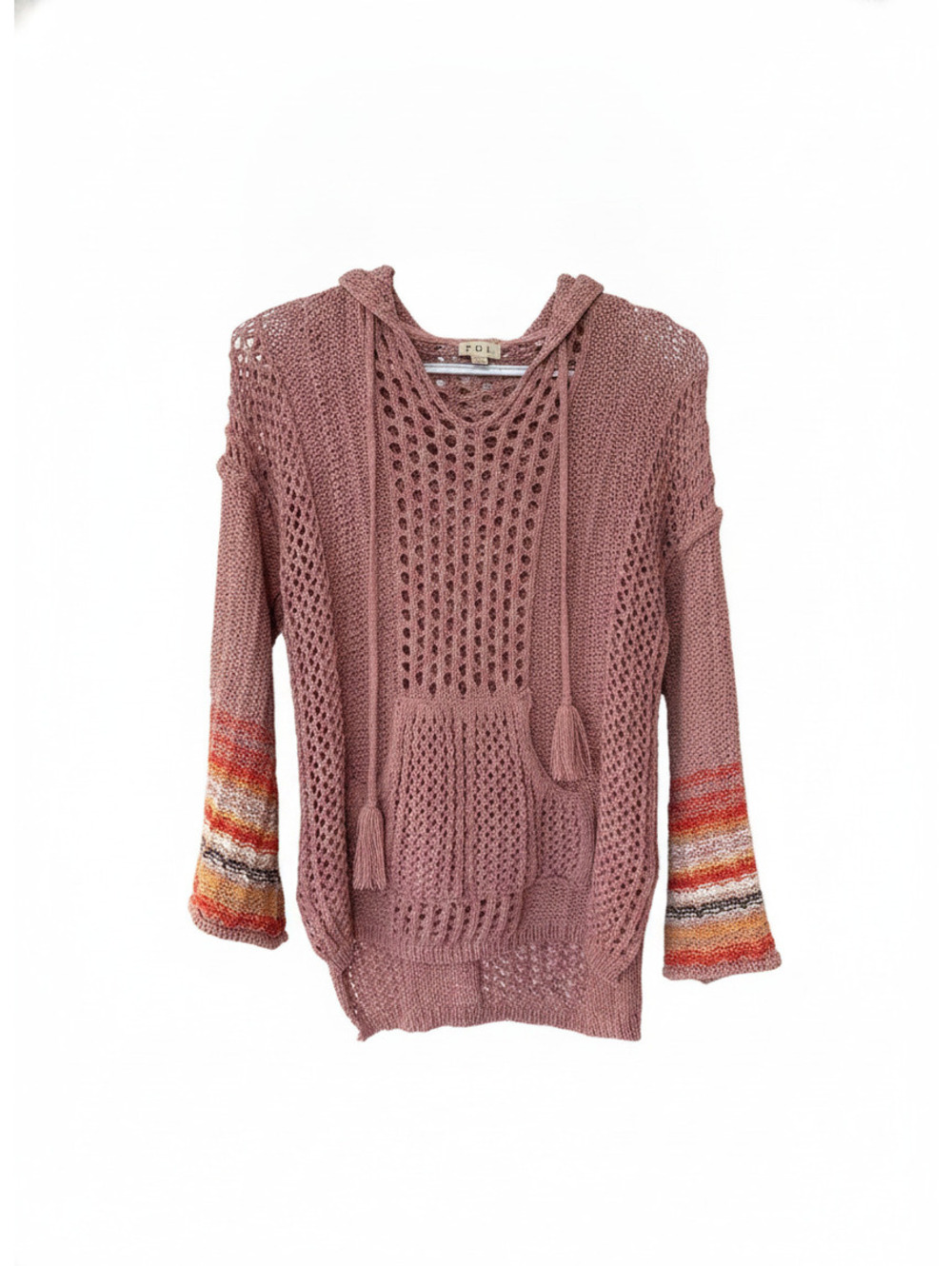 POL Medium Pink Crochet Knit Hoodie Sweater with Colorful Striped Sleeves